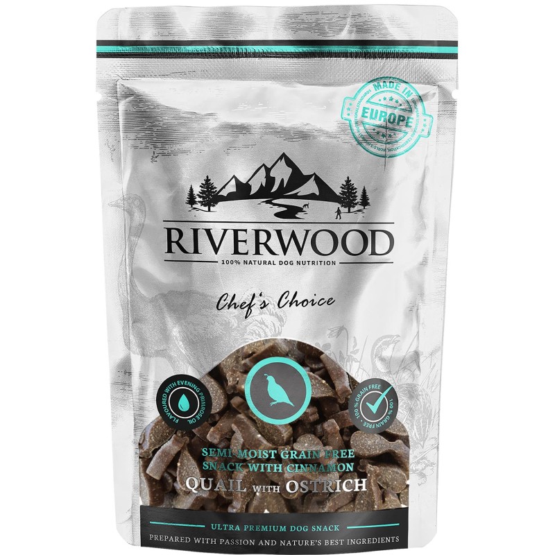 Riverwood Semi Moist snack Chef's Choice Kwartel & Struisvogel 200 gr.